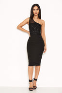 Black One Shoulder Sequin Embroidered Bodycon