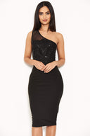 Black One Shoulder Sequin Embroidered Bodycon