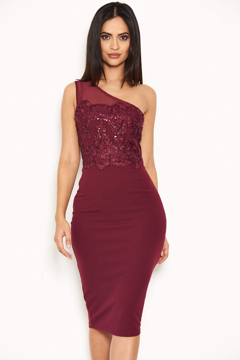 Plum One Shoulder Sequin Embroidered Bodycon