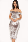 Grey Velvet Off The Shoulder Bardot Dress