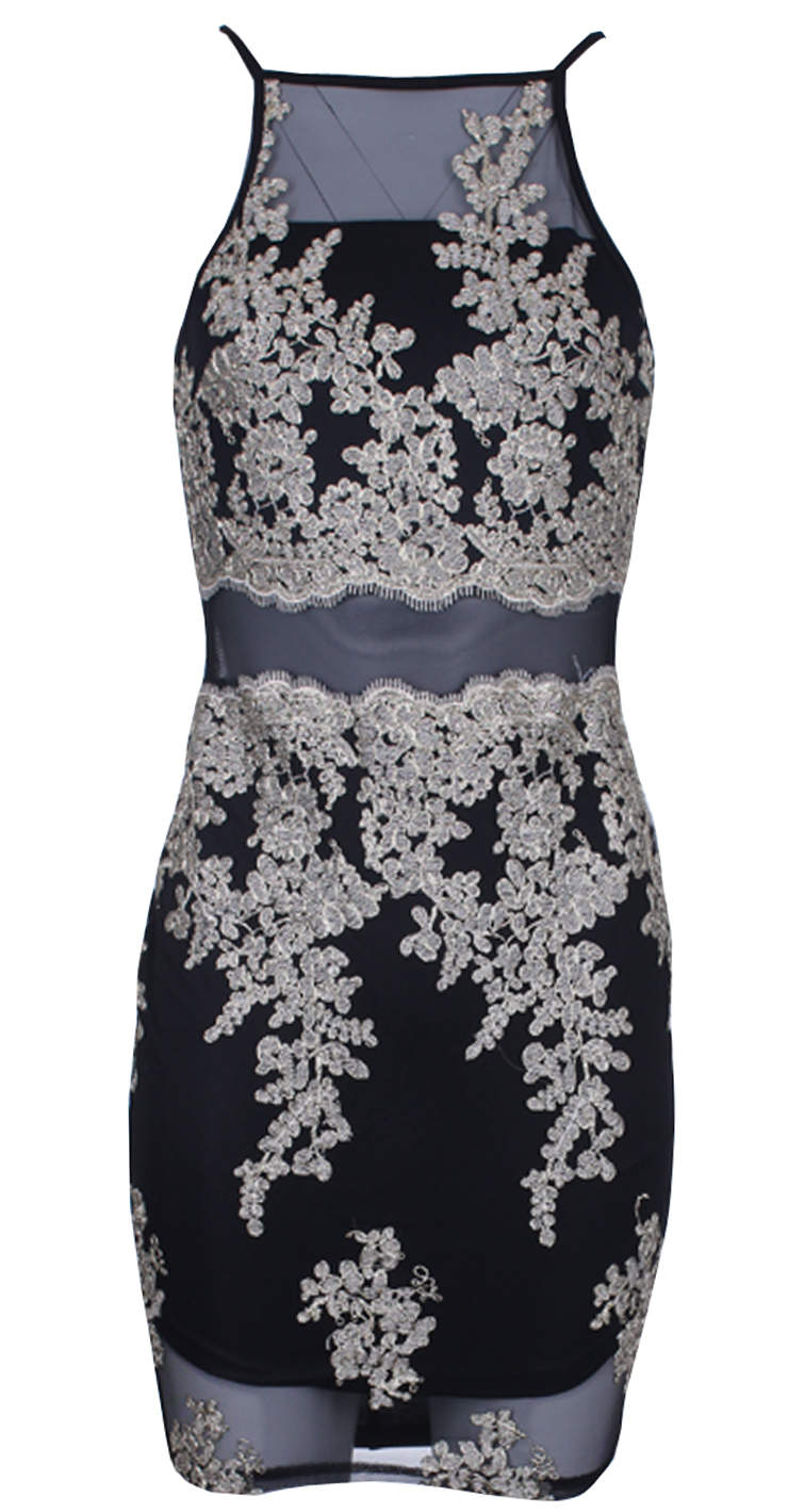 Black and Gold Mesh Embroidered Dress AX Paris Black and Gold Mesh Embroidered Dress AX Paris