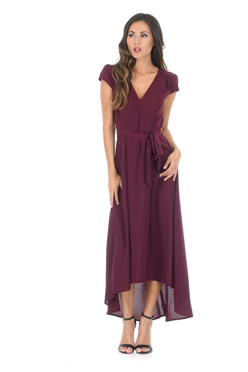 Plum Capped Sleeve Waterfall Dress