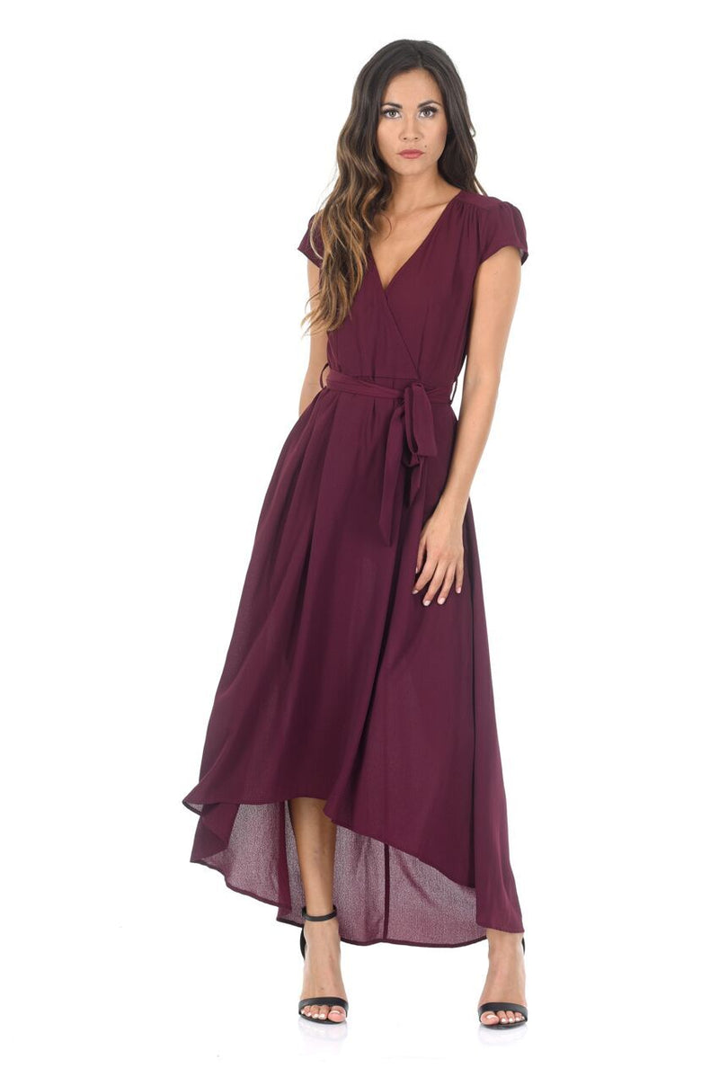 Plum Capped Sleeve Waterfall Dress