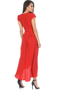 Red Capped Sleeve Waterfall Dress