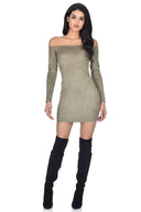 Khaki Suede Bardot Mini dress