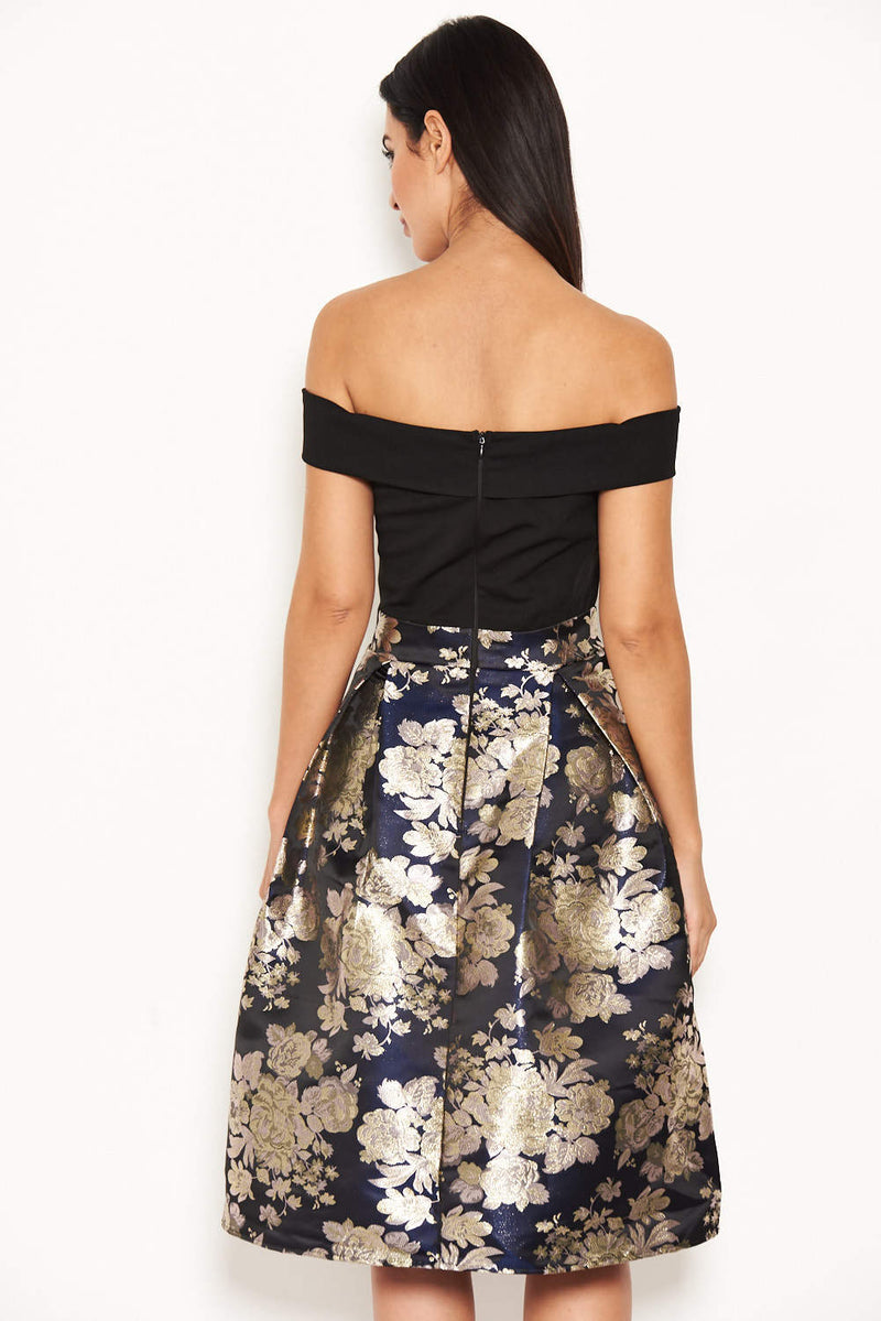 Black Floral Brocade Midi Dress