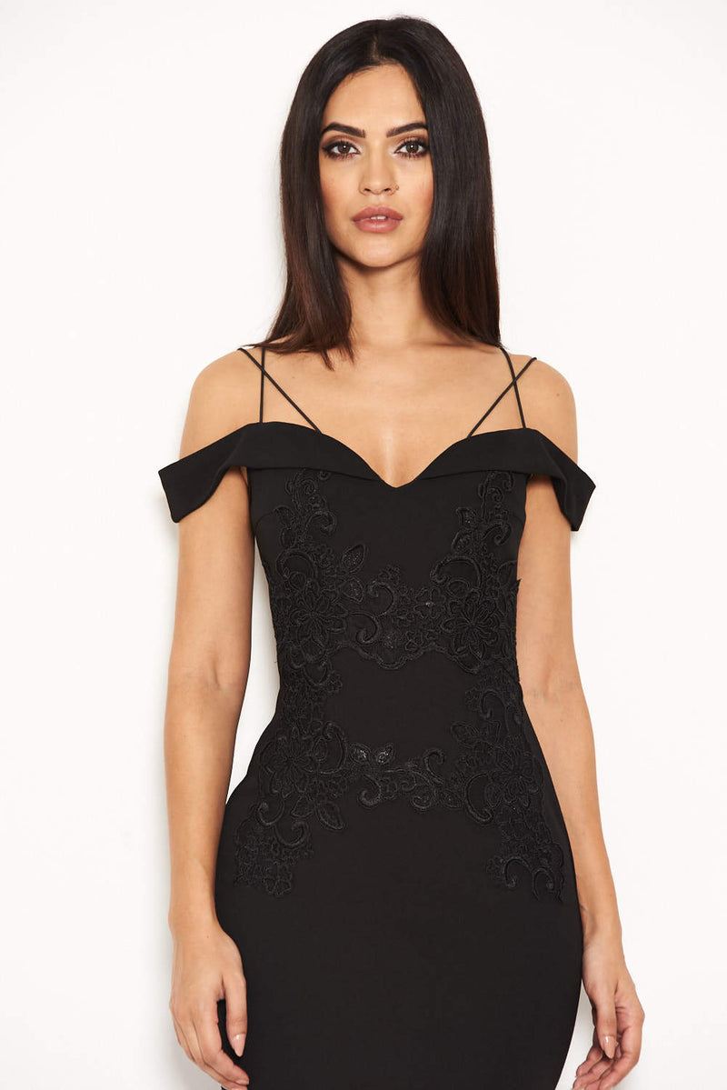 Black Off The Shoulder Lace Midi Dress With Delicate Straps