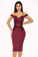 Plum Off The Shoulder Lace Midi Dress With Delicate Straps