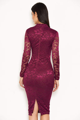 Plum Lace Midi Dress With Long Sleeves