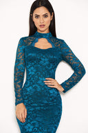 Teal Lace Midi Dress With Long Sleeves