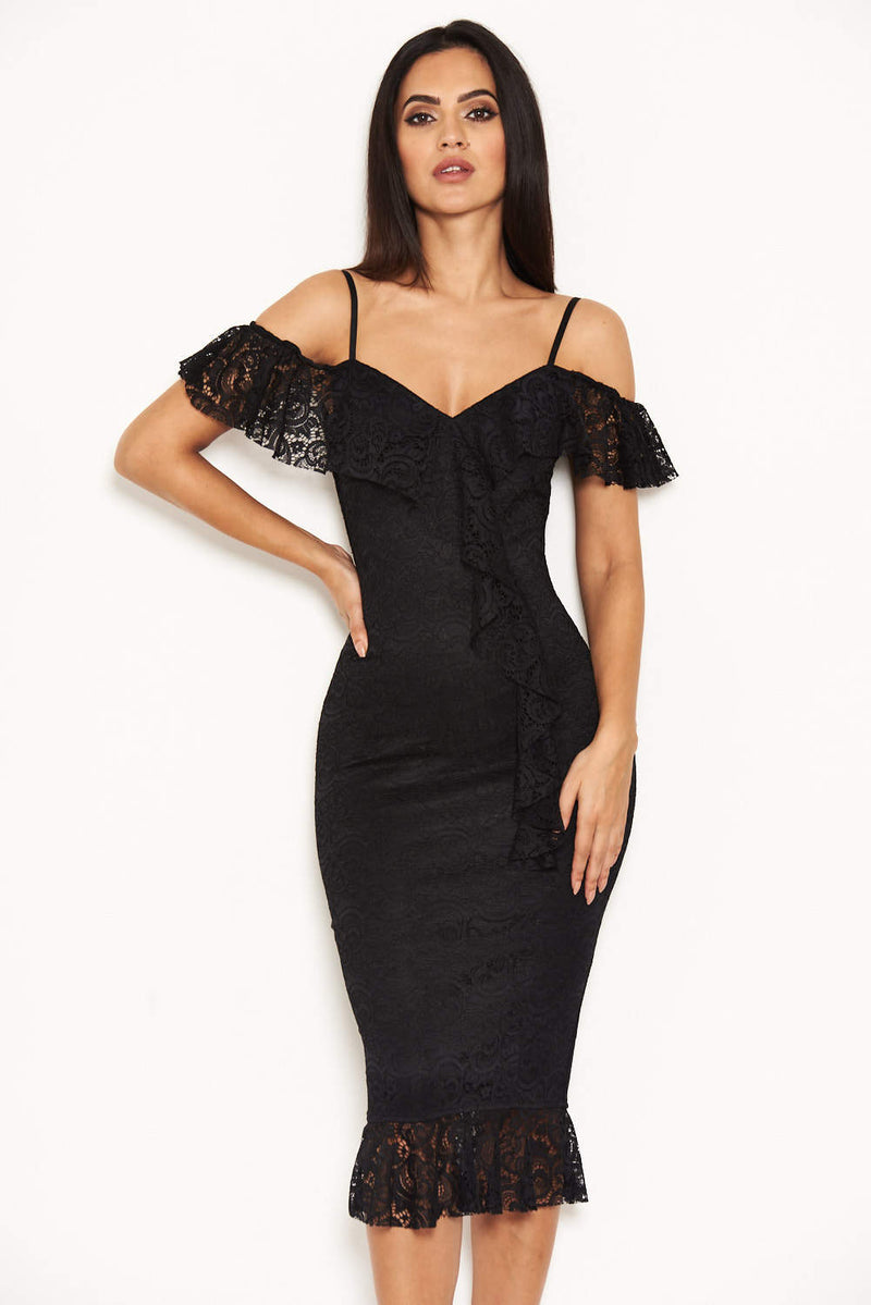 Black Lace Dress With Frill Detail