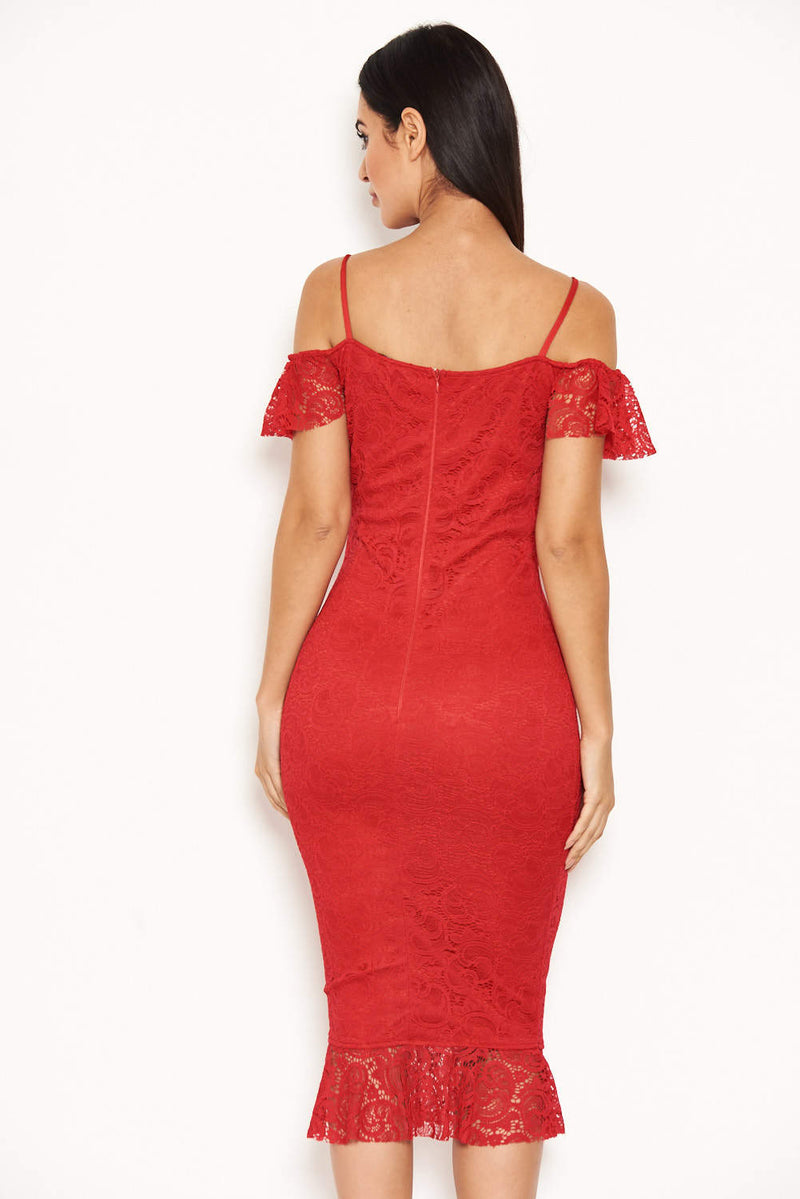 Red Lace Dress With Frill Detail