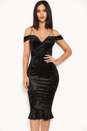 Black Velvet Off The Shoulder Midi Dress With Frill Hem