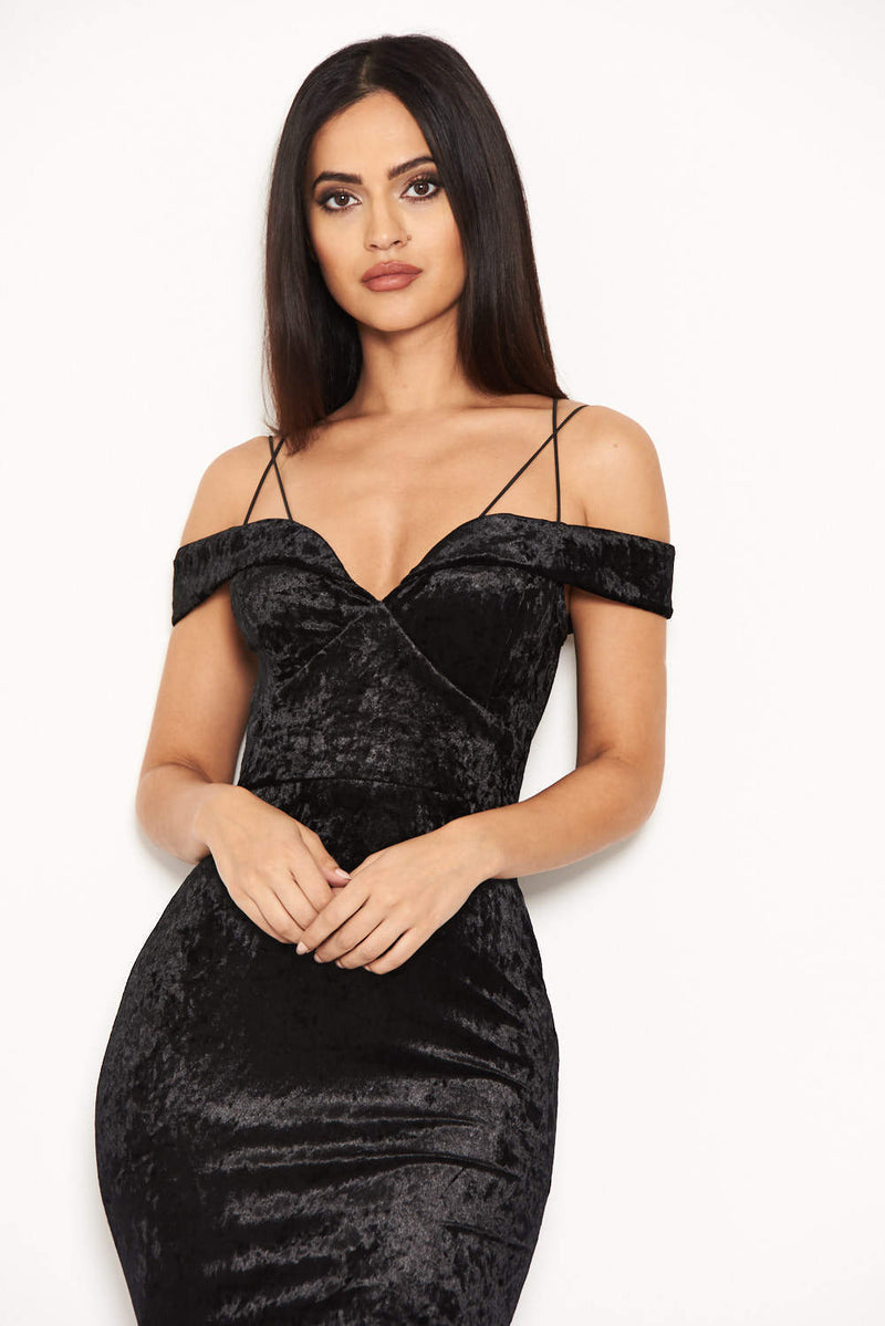 Black Velvet Off The Shoulder Midi Dress With Frill Hem