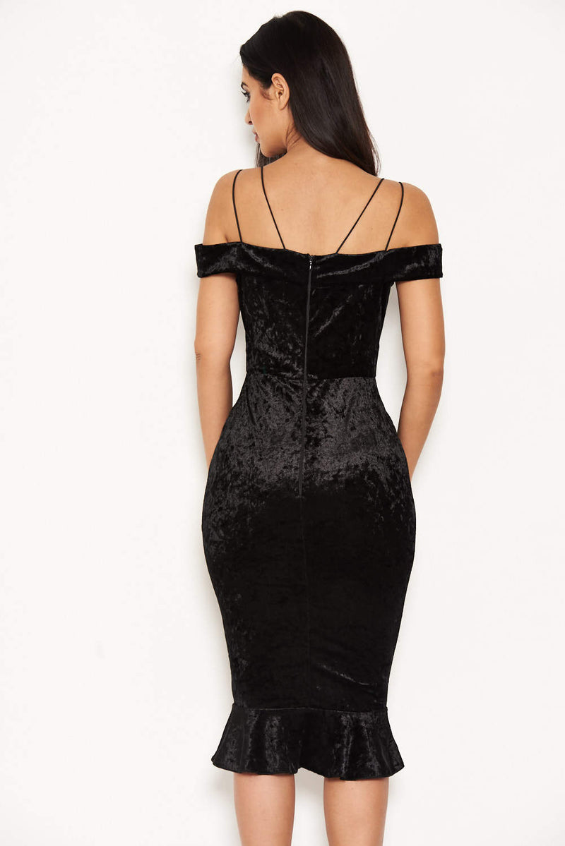 Black Velvet Off The Shoulder Midi Dress With Frill Hem
