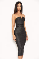 Black Glitter Notch Front Midi Dress