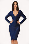 Blue Ruched Front Bodycon Dress