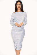 Silver Slash Neck Glitter Ruched Dress