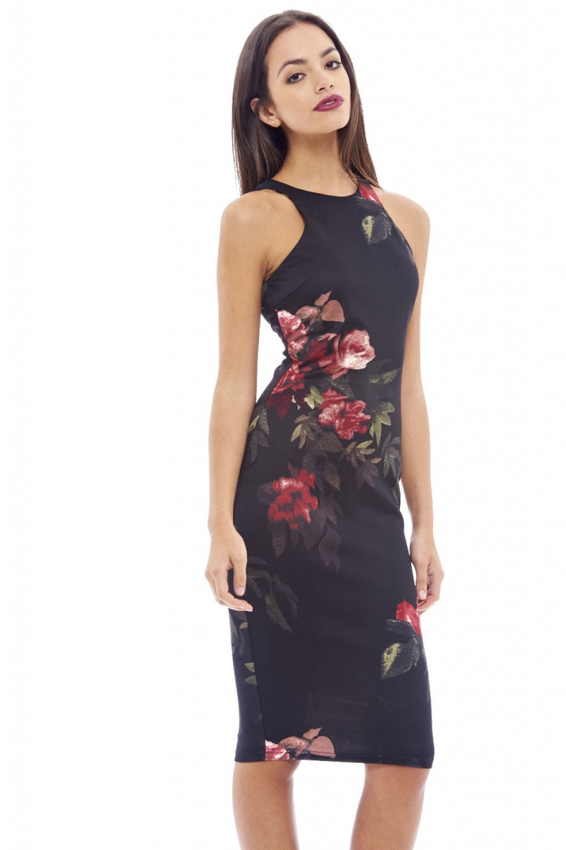 ax paris floral bodycon dress Black AX Paris And Orange Floral Print Cowl Neck Mesh Mini Dress
