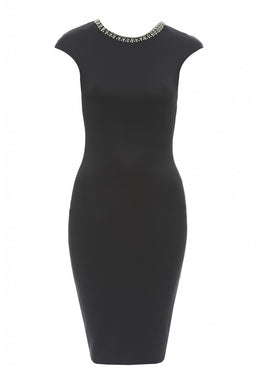 Cap Sleeve Embellished Neckline Bodycon Dress