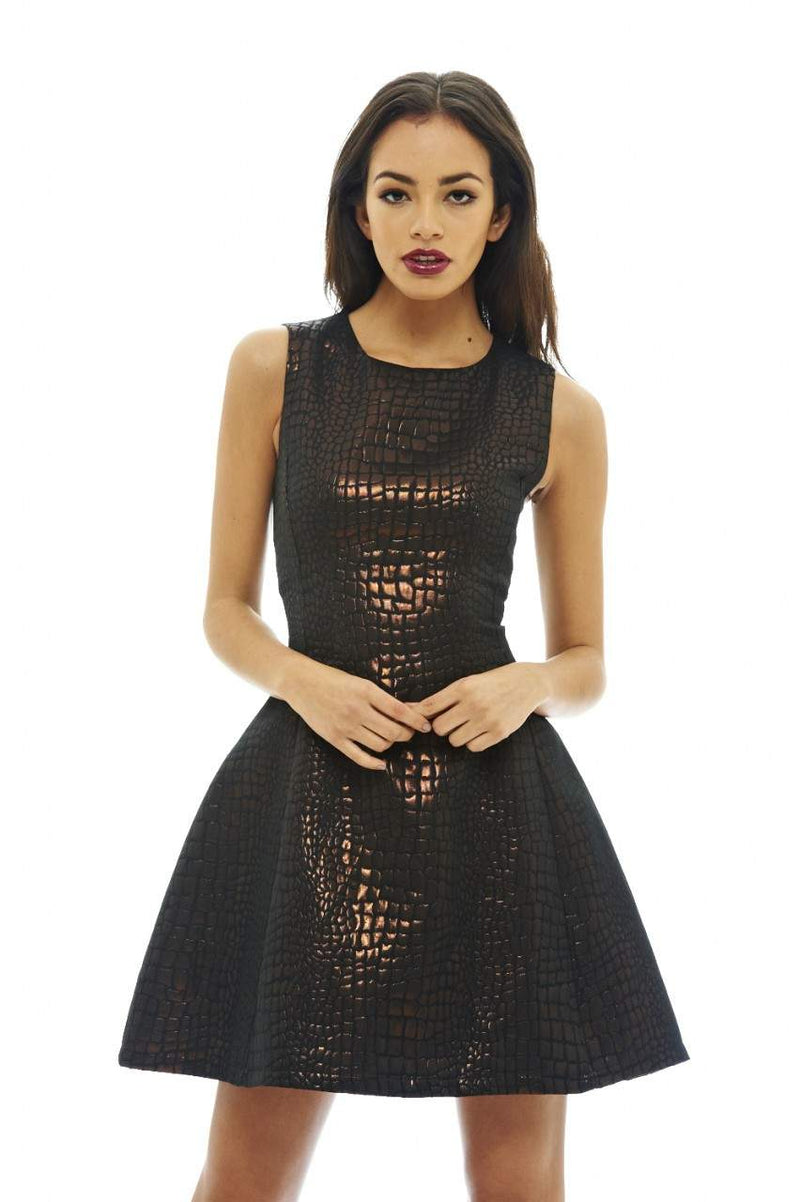 black metallic skater dress One Clothing Medium Pleated Black Gold Metallic Skater Dress Zipper Back #4193