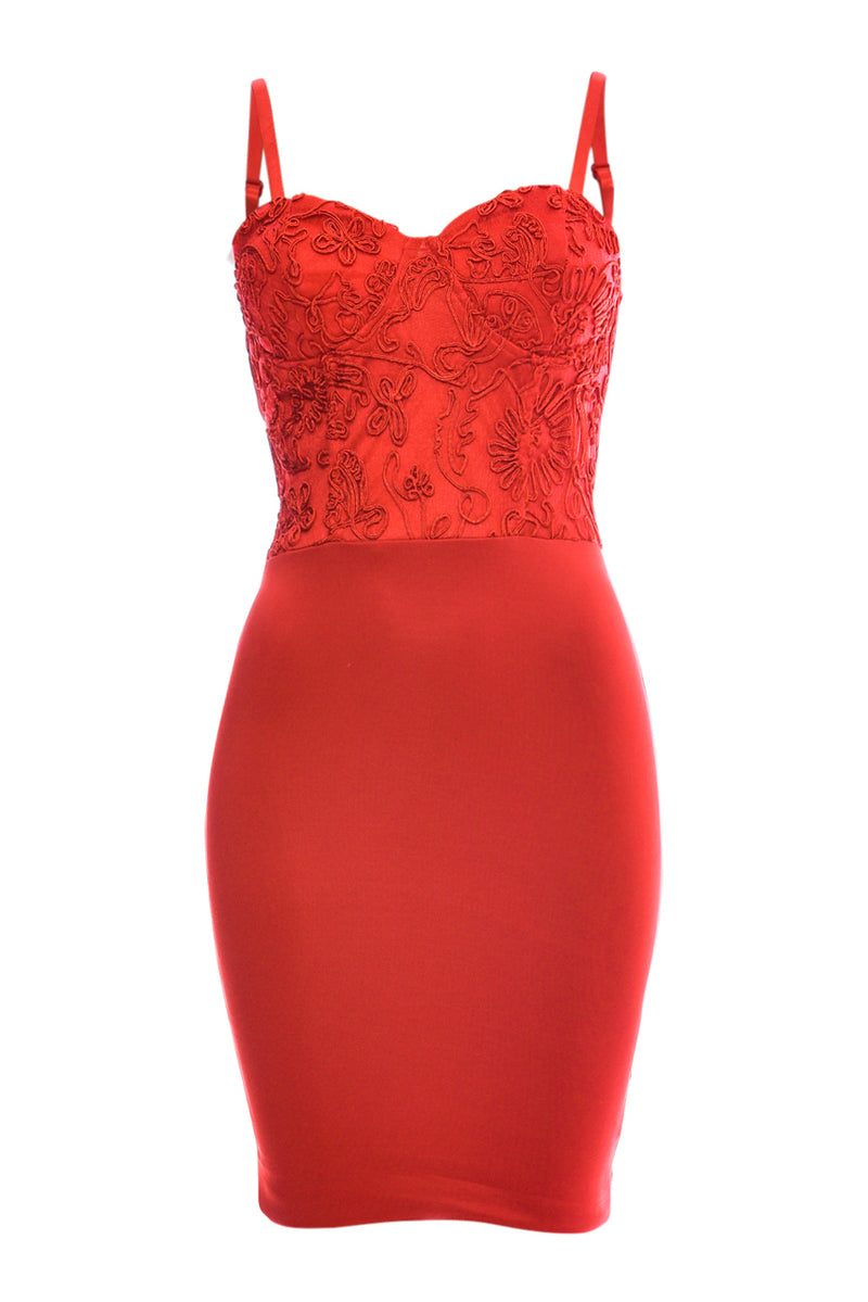 Red  Dress with Lace Bodice  Detail