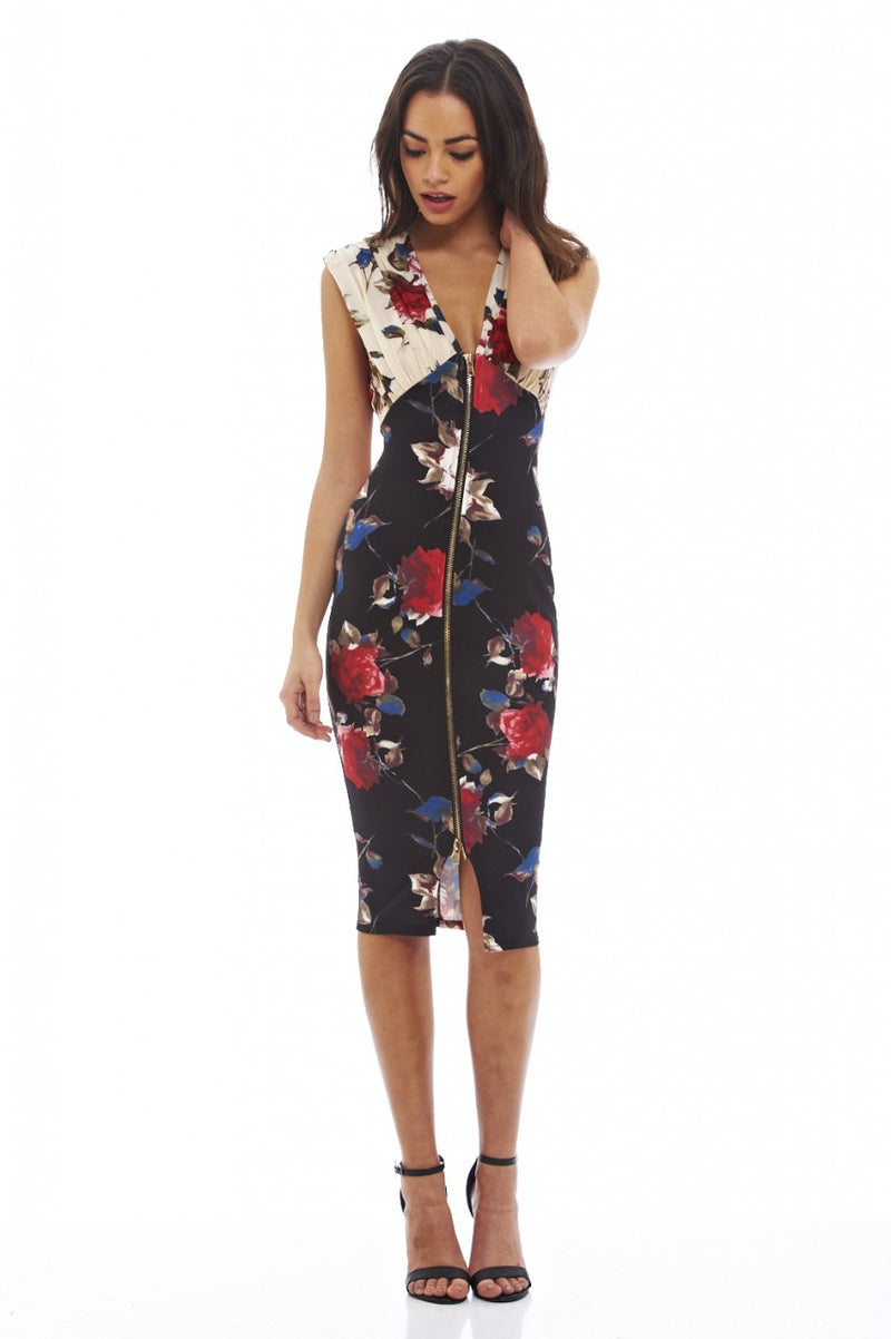 Flower Print Bodycon Zip Dress