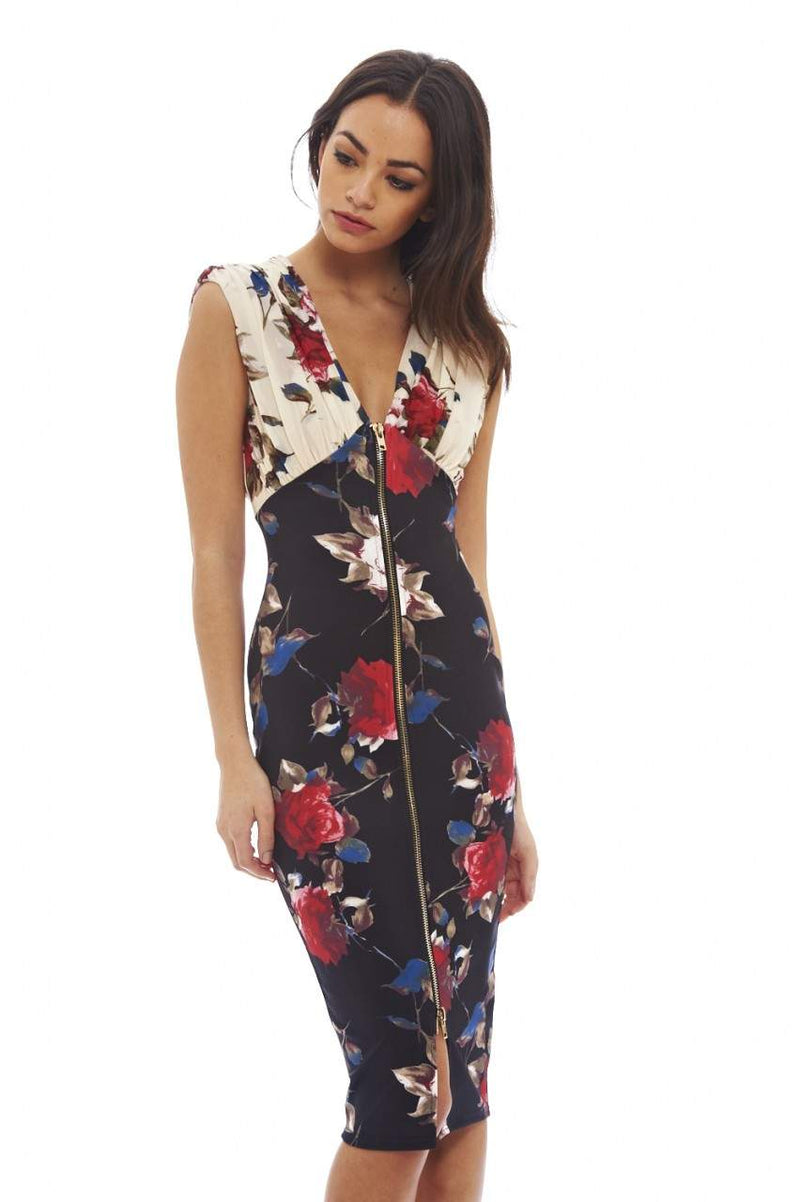 Flower Print Bodycon Zip Dress