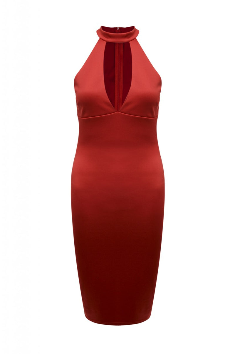 Red  Midi    Dress with Cut Out Neck