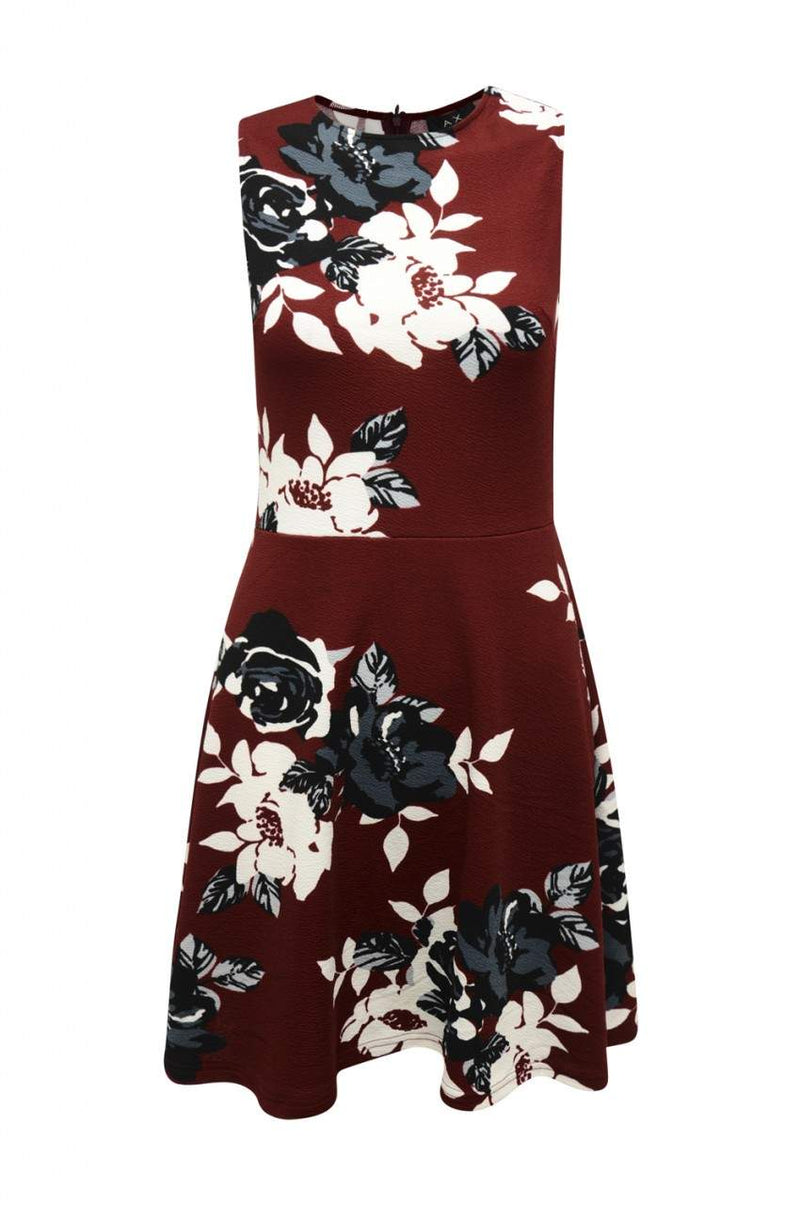 Burgundy Mini Skater Floral Dress with Sleeveless Detail