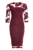 Wine Midi Floral Dress with Lace Detail