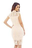 Nude Midi Dress with High Necked Lace Detail