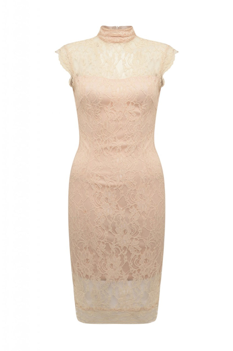 Nude Midi Dress with High Necked Lace Detail