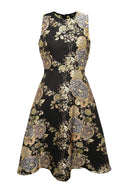 Black Floral Skater Dress with Metallic Detail