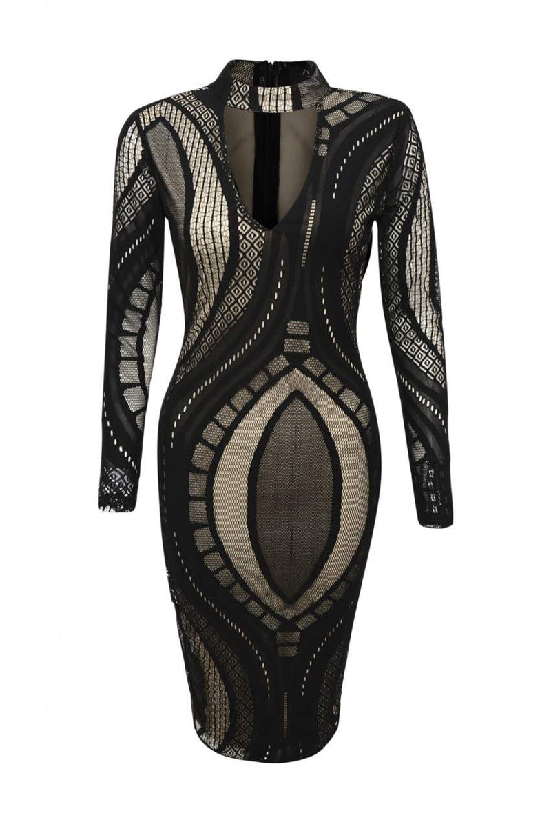 Black/Nude Mesh Bodycon Dress with Contrast Cut-Out-Neck Style AX Paris Black/Nude Mesh Bodycon Dress with Contrast Cut-Out-Neck Style AX Paris