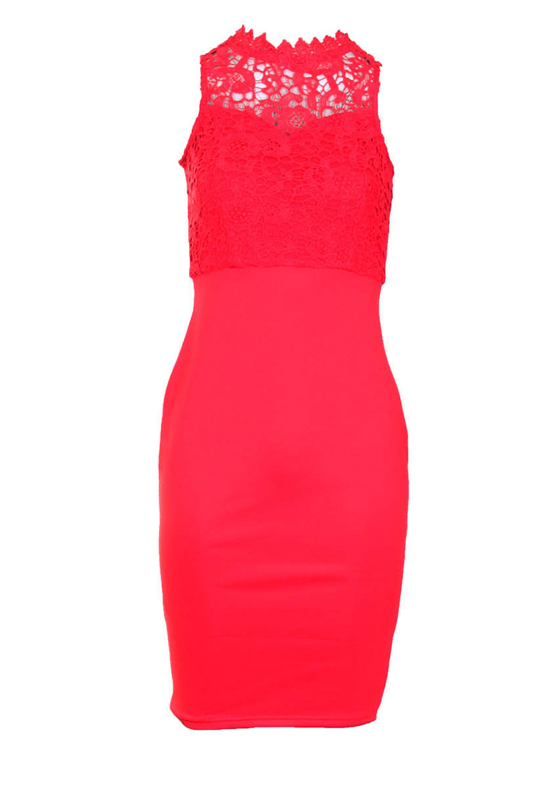 Red High Neck Crochet Bodycon Dress