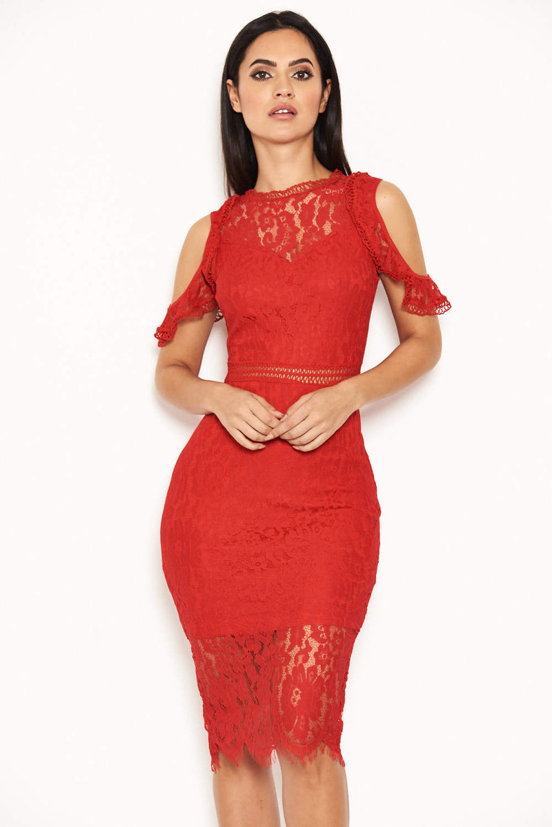 Red Lace Cold Shoulder Midi Dress