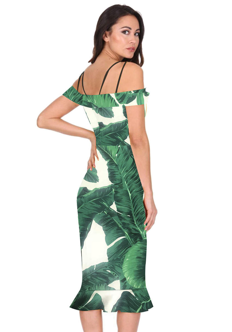 Green Leaf Print Midi Dress With Off The Shoulder Strappy Detail