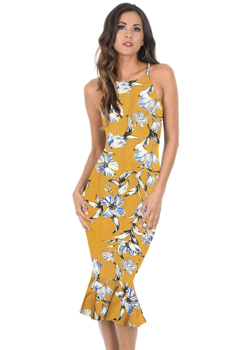 Yellow Floral Bodycon Midi Dress With Frill Hem AX Paris Yellow Floral Bodycon Midi Dress With Frill Hem AX Paris