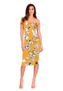 Yellow Floral Bardot Bodycon Dress