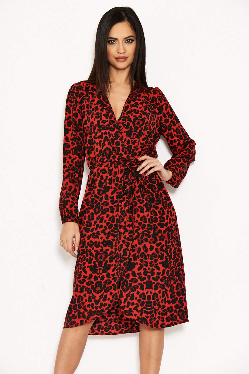 Red Leopard Print V-Neck Wrap Dress AX Paris Red Leopard Print V-Neck Wrap Dress AX Paris
