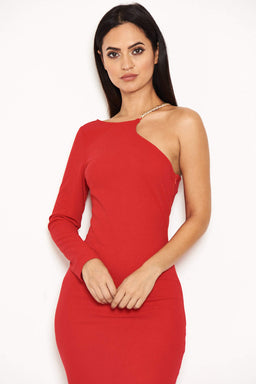 Red One Shoulder Dress With Chain Detail