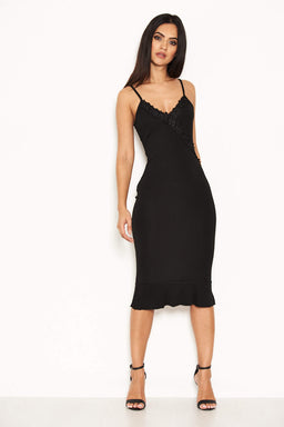 Black Midi Dress With Frill Hem And Floral Crochet Detail