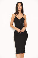 Black Midi Dress With Frill Hem And Floral Crochet Detail