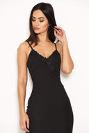 Black Midi Dress With Frill Hem And Floral Crochet Detail
