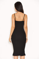 Black Midi Dress With Frill Hem And Floral Crochet Detail