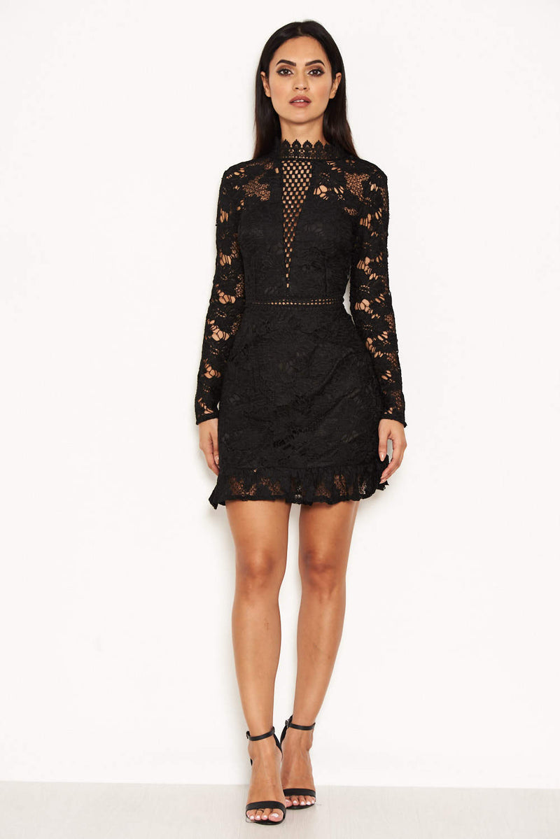 Black lace ladder detail frill hem hot sale bodycon dress