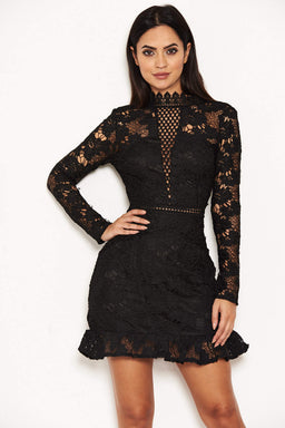 Black Lace Dress With Frill Hem And Cut Out Back