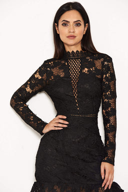 Black Lace Dress With Frill Hem And Cut Out Back