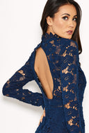 Navy Lace Dress With Frill Hem And Cut Out Back
